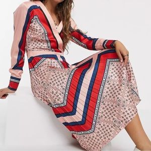 Printed V-Neck Long Sleeve Pink Bandana Midi Dress